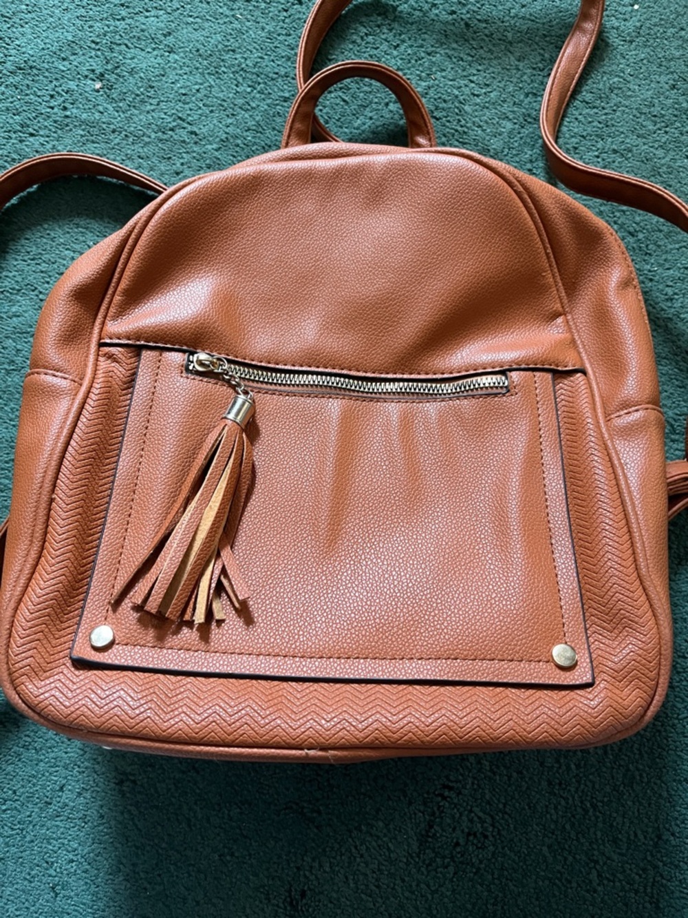 Women’s Tan Leather-Style Backpack with Front Tassel Pocket